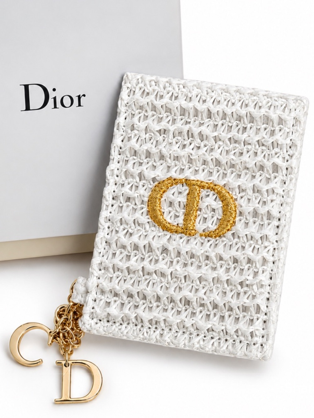 Dior White Raffia Mirror with “CD” Charms